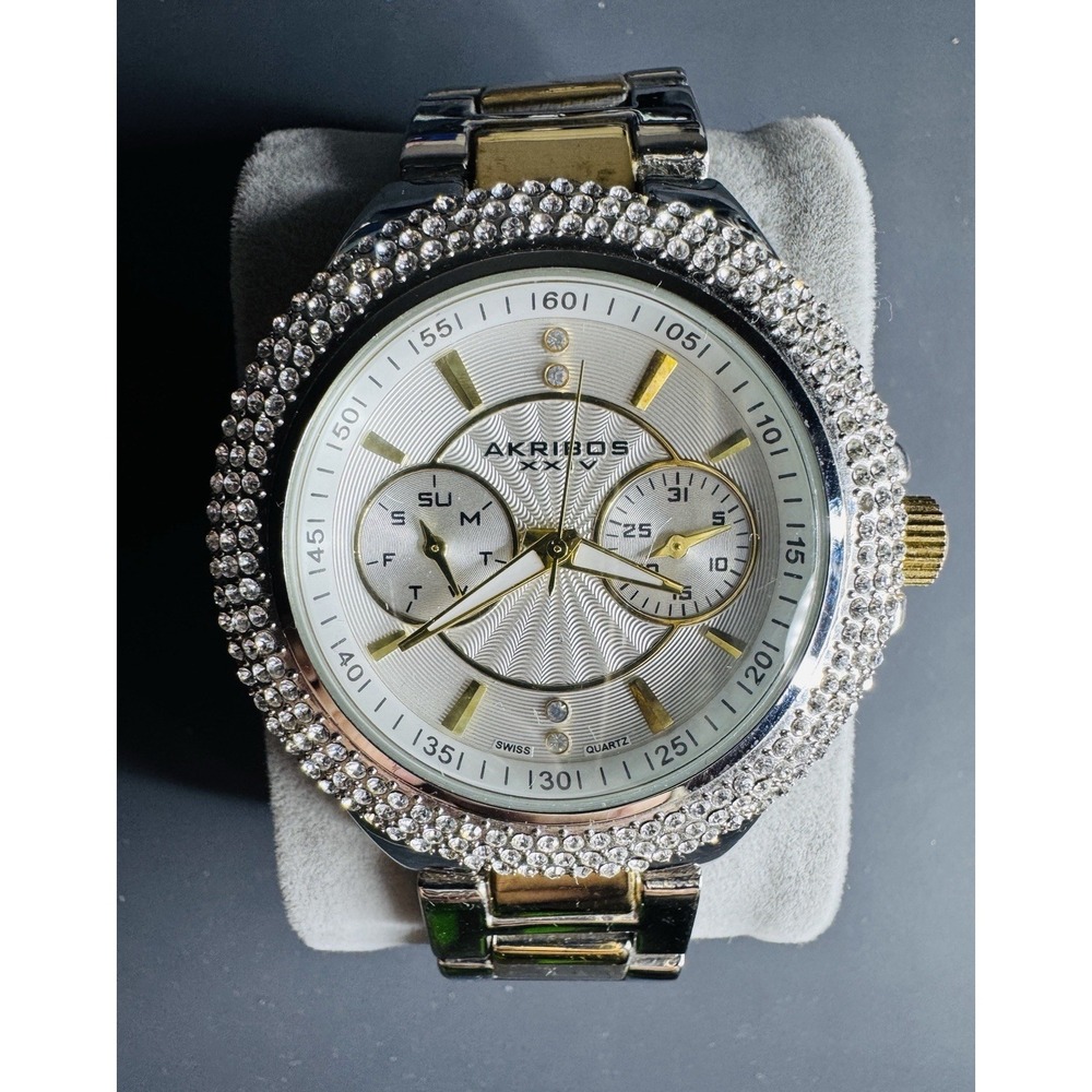 Akribos XXIV AK789TTG Women's Two-Tone Watch Quartz Crystal Bezel | New Battery